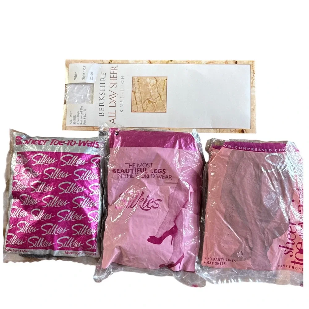 Vintage Queen Size Pantyhose Bundle Silkies Sheer to Waist Berkshire Knee‎ Highs